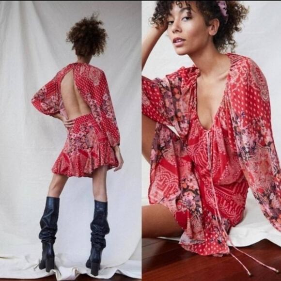 Free People size XS Seven Wonders Mini Dress Open Back Floral Boho Hippie Ruffle - Picture 1 of 11